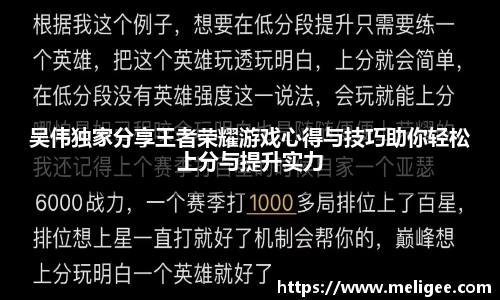 吴伟独家分享王者荣耀游戏心得与技巧助你轻松上分与提升实力